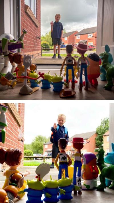 10-year-old Vinny recreates the photo from six years ago, as his toys wave him off for his first day at school.