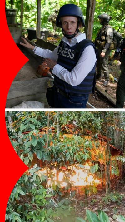 Split screen of drug lab on fire and the BBC's Orla Guerin in the jungle wearing press vest