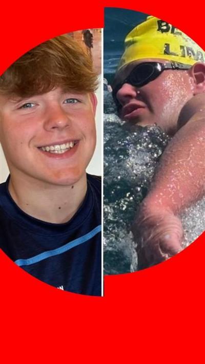 Split screen: Oscar Black smiling to camera (left) and swimming in the sea, wearing yellow hat (right)