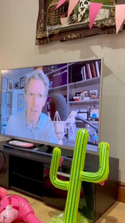 Rob Brydon on a TV at superfan's hen do