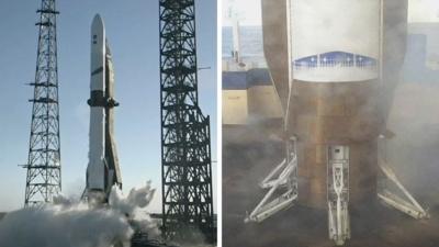 Splitscreen. Left, rocket takes off next to pylons. Right, the booster stage touches down on an ocean landing stage.