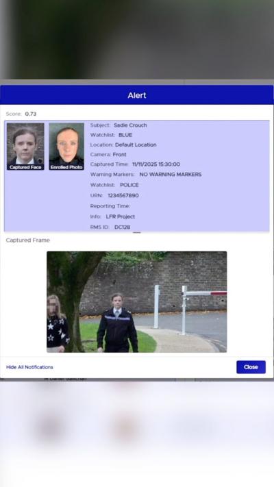 A computer image of a window on a screen showing someone being identified.