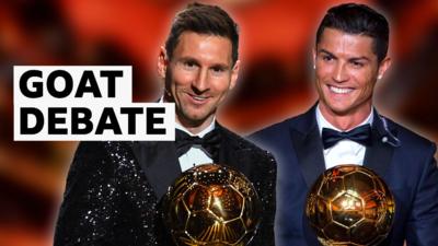Lionel Messi and Cristiano Ronaldo holding their respective Balon d'Ors
