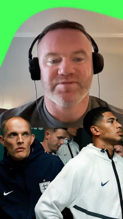 Wayne Rooney talking on Football Daily podcast, images of Tuchel and Bellingham in foreground