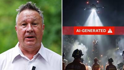 BCC China correspondent Stephen McDonell standing in a park on the left. An AI-generated image of a drone flood rescue on the right