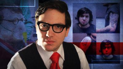 A composite of multiple images of Nicholas Rossi. The central image shows a portrait of Rossi, a young man in his 30s, with short black hair and black-rimmed glasses. He has a white shirt with a red tie and is wearing a navy waistcoat. In the background are prison mugshot images showing him as a younger man and highlighting his arm tattoos. On the right is another image of Rossi in circular spectacles while wearing an oxygen mask. 