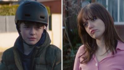 Composite of Callum, wearing a cycle helmet, and Evie, in a pink shirt, looking at each other in the street 