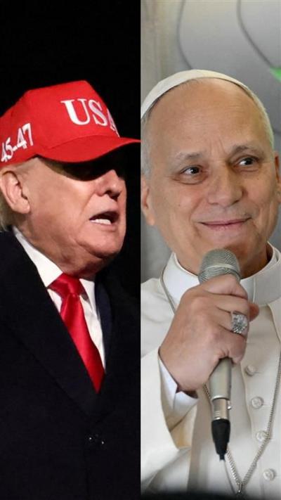 A splitscreen image. On the left, Donald Trump wearing a red hat with USA on it. On the right, Pope Leo holding up a microphone.