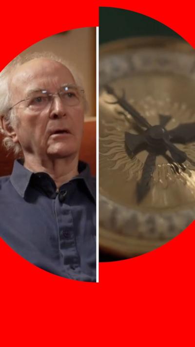 A split screen image. On the right - Pullman wearing a blue shirt sitting in an armchair. On the lefy - an alethiometer