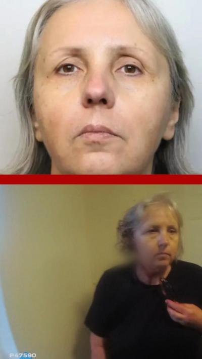 A split screen image of Stefania Glowka. The top image is a mugshot and the bottom is a screenshot from police body cam footage. She has short grey hair and brown eyes.
