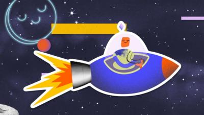 Illustration of a rocket in space with a smiley face behind