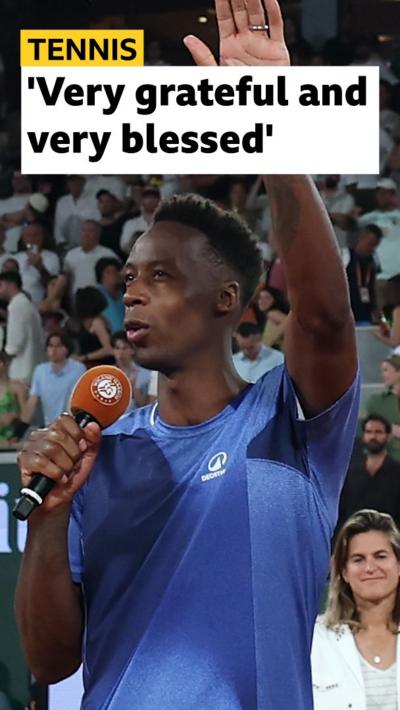 Gael Monfils thanks the crowd at Roland Garros after playing his final match at the French Open