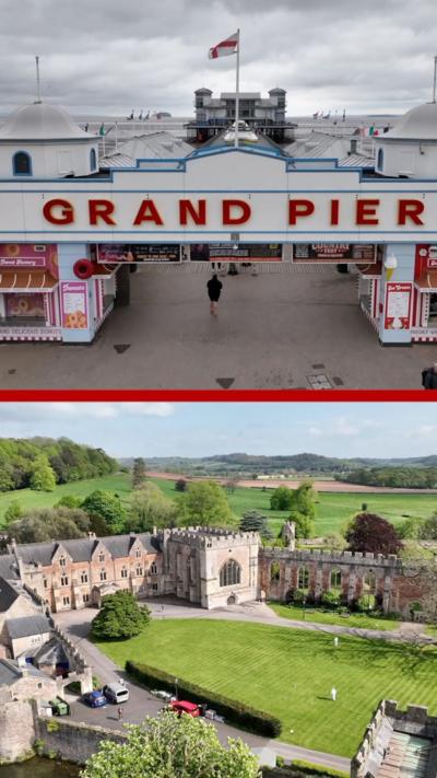 A split screen showing the Weston pier on the top and an estate with green fields on the bottom.
