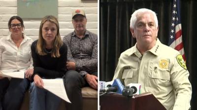 Splitscreen. Left, Savannah Guthrie's mother and siblings. Right, Chris Nunos speaks to press.