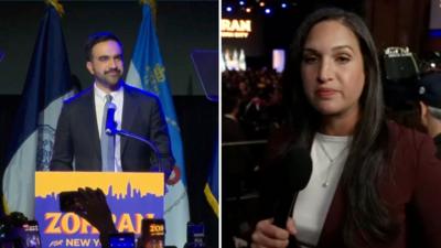 Split screen image, on the left, Zohran Mamdani standing at a podium on the right, Nada Tawfik with a microphone in her hand