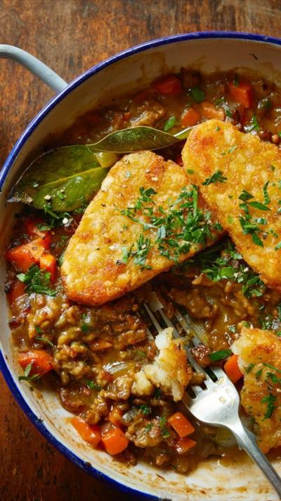 Two hash browns on top of lamb stew, in a blue casserole dish on a wooden table.