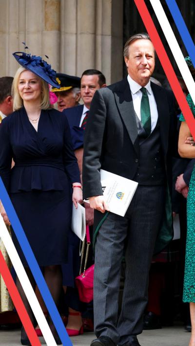 Liz Truss and David Cameron standing outside Westminster Abbey