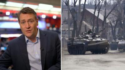 Split screen with the BBC's Joe Inwood on the left and a tank in the Donbas region of Ukraine on the right