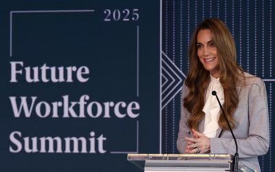 Catherine, Princess of Wales, smiles as she addresses the Future Workforce Summit