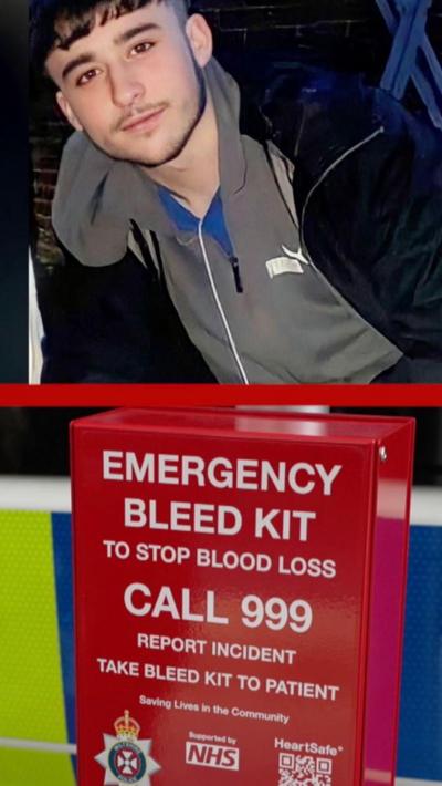 A split screen image of Owen Dunn and an emergency bleed kit. Owen has short dark hair and stubble on his upper lip and jawline. The bleed kit pictured underneath his photo is red and covered in white writing instructing users to call 999. The NHS logo and an ambulance trust logo are also on the box.