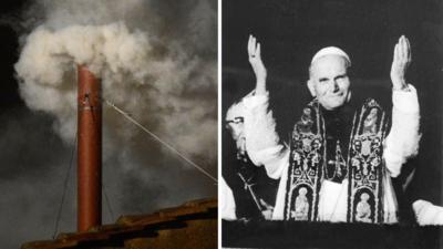 Composite of Sistine Chapel chimney emitting white smoke and Pope John Paul II at his election