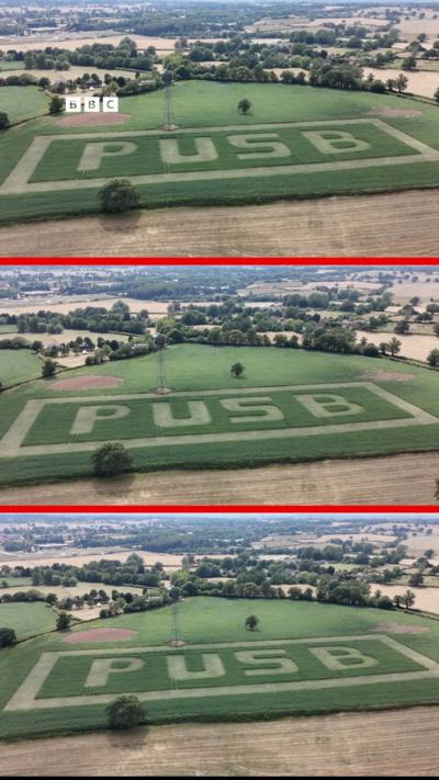 Three images showing a green field with PUSB ploughed in