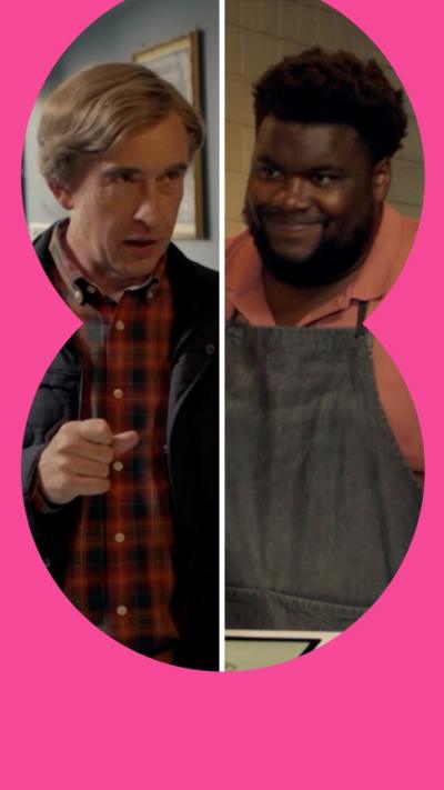 Composite image of Alan Partridge and a barista looking at each other over the counter