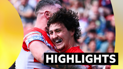 Jake Davies celebrates his try for St Helens against Huddersfield Giants