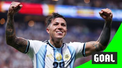 Enzo Fernandez with his fists in the air to celebrate scoring a third goal for Argentina against Egypt in the 2026 World Cup