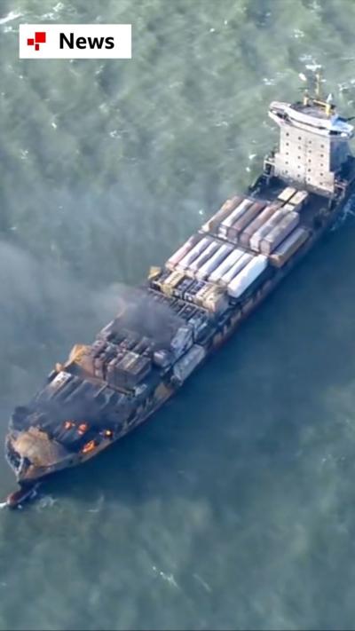 Aerial image of fires burning on cargo ship