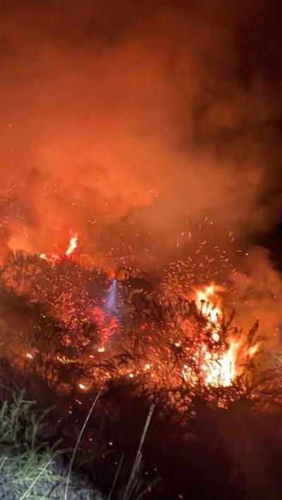 A view of a wildfire at night on Dartmoor. Burning gorse is giving off several sets of flames and smoke.