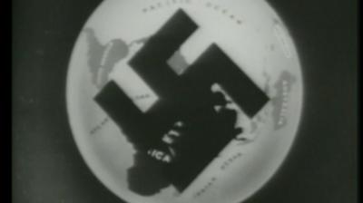 Swastika logo over a circular map of the globe