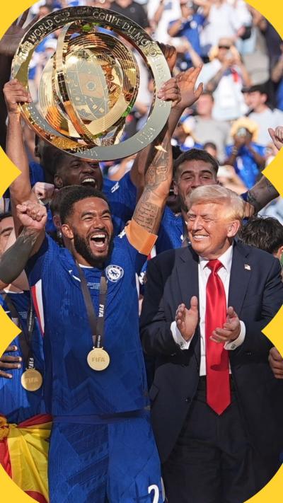 Donald Trump celebrates with Chelsea players after their Fifa Club World Cup victory