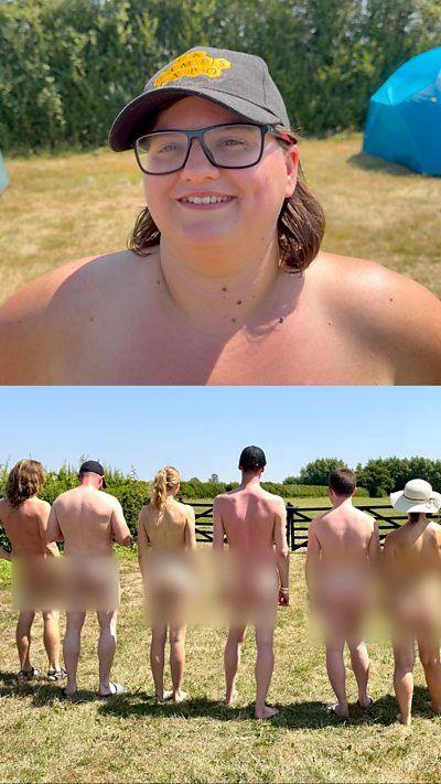 Top half shows a woman with a cap on and the lower half shows six people with their backs to the camera at Nude Fest.