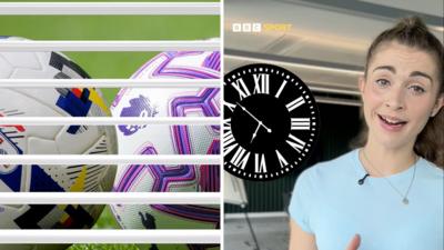 Split screen with two footballs behind a closed shop grate on the left, and a BBC presenter stood next to a graphic of a ticking clock on the right