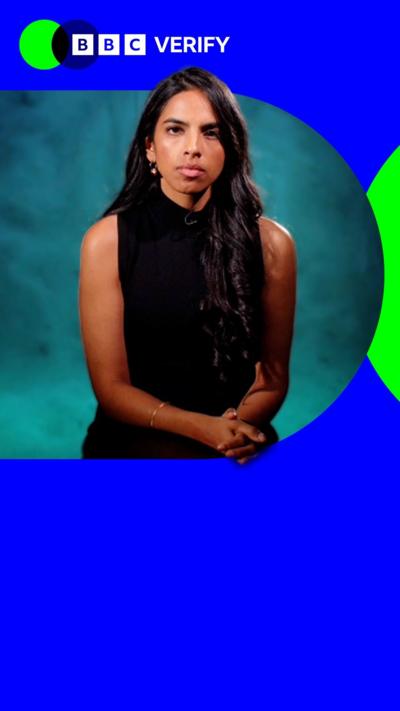 A composite image which shows BBC Verify Correspondent, Merlyn Thomas, in a studio. The border around the image is a black and blue background and the BBC Verify logo is in the top left hand corner.