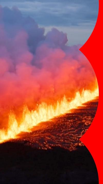 Aerial view of flaming volcanic eruption