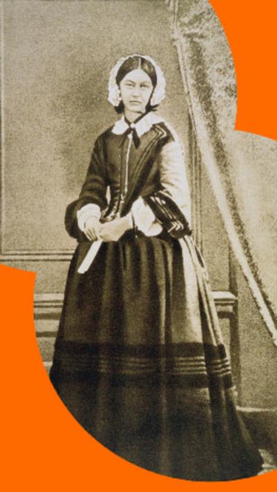 Old portrait of Florence Nightingale wearing a long black dress and a white head scarf.