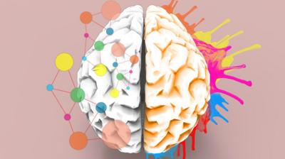 A brain colourful splashes appear out the right hemisphere, geometric joined up circles out the left