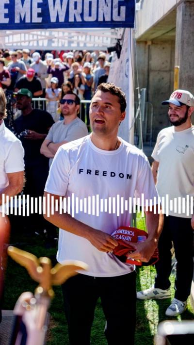 Charlie Kirk with image of audio file on top