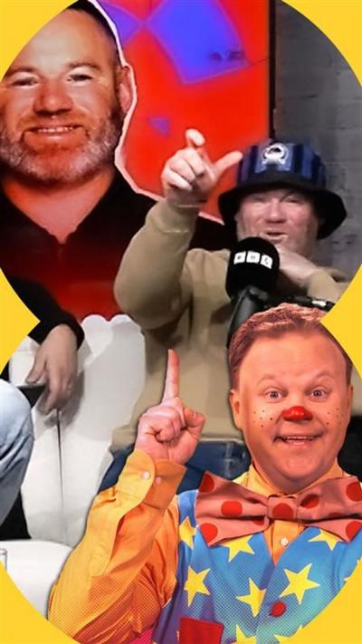A composite image of Wayne Rooney in a radio studio pointing with a picture of him on the screen behind and a picture of Mr Tumble in the foreground.