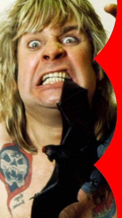 Ozzy Osbourne with long blonde hair holding a fake bat between his teeth.