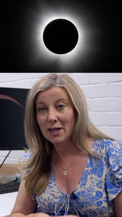 A split-screen image of Sara speaking, wearing a blue and cream top. Above her is a picture of a solar eclipse. 