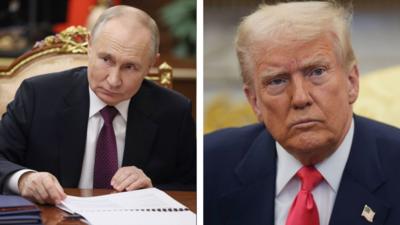 Vladimir Putin is pictured sat in front of a desk. Donald Trump is sat on a chair in the Oval Office in the White House.