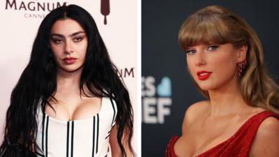 composite image showing Charli XCX on the left and Taylor Swift on the right