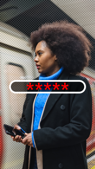 A woman stands on a Tube platform with her phone out. A graphic shows a hidden PIN number.