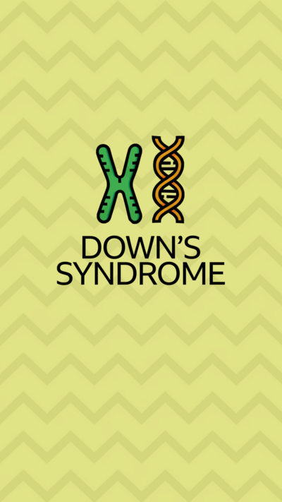 A yellow background with the graphic of an X chromosome and a DNA strand, with the text 'Down's Syndrome' underneath.