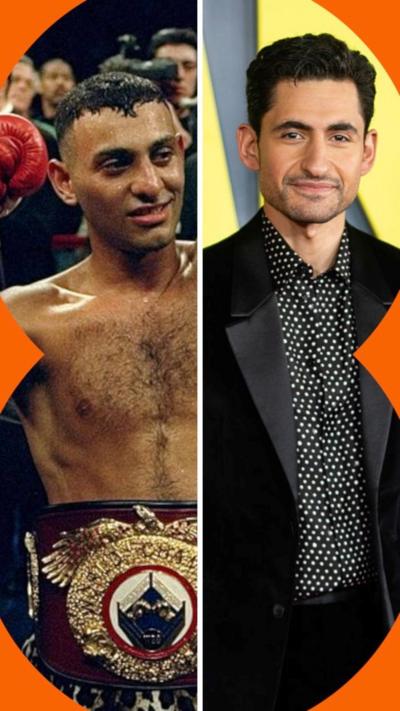Composite image of Prince Naseem with a boxing belt and actor Amir El-Masryin a black suit