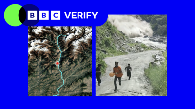 A composite image showing map and a screengrab from a verified video that has emerged from Nepal following floods. The picture on the left shows a map of the Trishuli river, the picture on the right shows people fleeing from the flood water