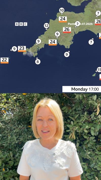 A map shows the south-west peninsula with the maxiumu temperatures up to 26C along with a weather presenter with a blonde bob and white top standing outside in front of a green bush.